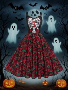 EMERY ROSE Váy hai dây họa tiết xương và hoa cỡ lớn cho tiệc Halloween - màu đen - Xem 1