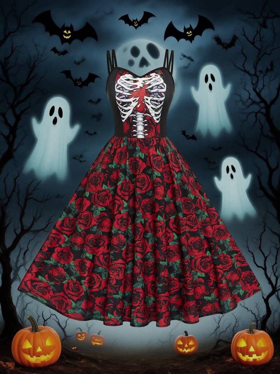 EMERY ROSE Váy hai dây họa tiết xương và hoa cỡ lớn cho tiệc Halloween - màu đen - Xem 1