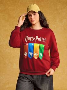 HARRY POTTER X SHEIN Plus Size Letter Graphic Color Block Round Neck Long Sleeve T-Shirt - Multicolor - View 3