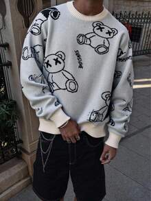 Manfinity CasualKnits 男士休闲熊图案毛衣，秋冬 - 黑與白 - 查看 1