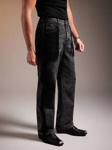 FeverCity Men's Casual Fashion Street Frayed Decor Loose Straight Leg Washed Denim Jeans - Black - View 5