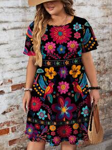 EMERY ROSE 休闲简约全印花花卉图案黑色大码连衣裙，适合夏季 - 彩色 - 查看 4