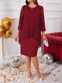 EMERY ROSE Đầm dự tiệc màu đỏ sang trọng, trang phục mùa đông cho nữ, ngày lễ tình nhân, cổ tròn tay dài, viền cong, viền ren cỡ lớn - Đỏ - Xem 5