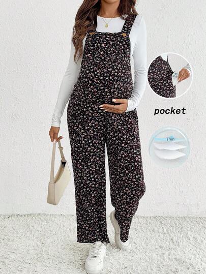 SHEIN 秋季服装，秋季服装，孕妇装秋季服装孕妇装孕妇碎花纽扣设计休闲连体裤带吊带孕妇装连体裤女式孕妇连体裤花卉孕妇装连体裤孕妇装孕妇装，花卉孕妇连体裤