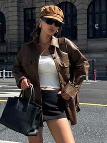 DAZY Vintage Lapel PU Leather Jacket, High-Quality Cinched Waist Waist Mid-Length Regular Coat Fall/Winter - Brown - View 4