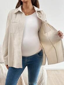 SHEIN 孕妇纯色前按扣口袋休闲长袖薄款夹克 - 杏色 - 查看 7