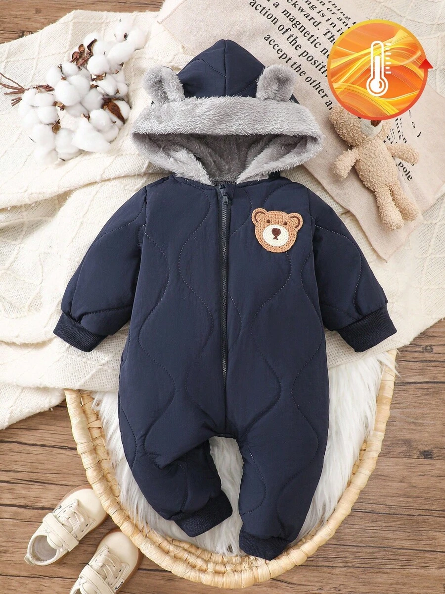 SHEIN 嬰兒/幼兒中性新生兒休閒藍色萬聖節可愛熊刺繡絎縫連帽長袖拉鍊加厚抓絨連身衣外套 秋冬款 - 藍色 - 查看 1