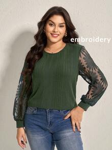 Comfylo 加大码女式柔软纹理罗纹拼布透视刺绣向日葵上衣感恩节女式新年衣服女式狂欢新年除夕 - 墨綠色 - 查看 1