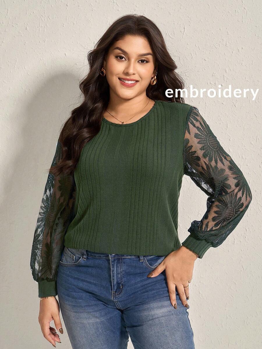 Comfylo 加大码女式柔软纹理罗纹拼布透视刺绣向日葵上衣感恩节女式新年衣服女式狂欢新年除夕 - 墨綠色 - 查看 1