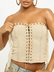 SUMWON WOMEN Denim Eyelet Lace Up Corset Top With Fringe Detail Strapless Bustier