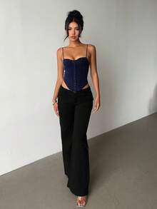 Aloruh Top de mezclilla ajustado con parches de encaje sexy para mujer - Azul lavado oscuro - Ver 7