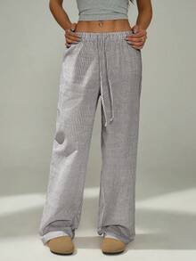 SHEIN PETITE 娇小女士粉色和白色休闲家居条纹长裤适合春夏季 - 彩色 - 查看 3