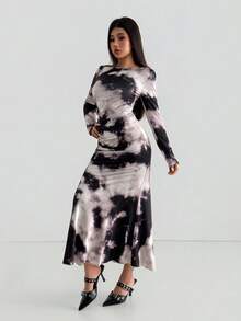 Aidyla Women's Autumn Knitted Tie Dye Print Long Sleeve Bodycon Elegant Going Out Date Vintage Style Maxi Wrap Dress, Black Fall Cloth For Women - Multicolor - View 5