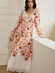 BELROSIE New Autumn Faux Linen Bamboo Knot Digital Print Lace Patchwork Sexy Deep V-Neck Long Sleeve Dress Fall Cloth For Women - Multicolor - View 3