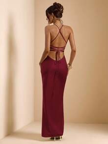 SHEIN BAE 杏色和白色深V领细肩带超长露背系带缎面鱼尾裙，优雅连衣裙，度假连衣裙，伴娘裙，生日派对连衣裙，毕业礼服，白色连衣裙 - 酒紅色 - 查看 2