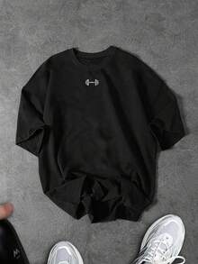 Sport MetroGents Men's Barbell Print Loose Fit Round Neck Short Sleeve Sports T-Shirt, Gym - Black - View 4