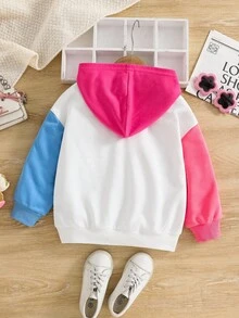 Young Girl Contrast Color Hooded Loose Casual Sweatshirt,In Fall/Winter - Blue - View 2