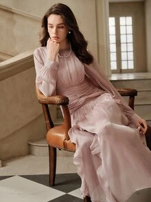 Savoree Elegant Ruffle Trim Long Sleeve Woven Dress, Lotus Root Pink