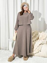 Auralis طقم قطعتين من ملابس علوية كاجوال بأكمام طويلة وتنورة بلون أحادي، موسم الخريف