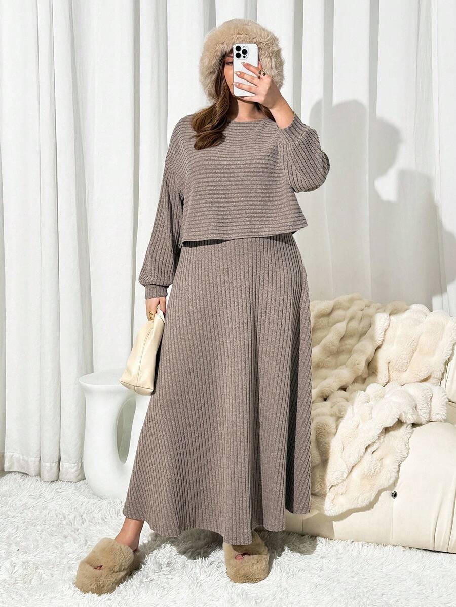 Auralis 秋季大码休闲纯色长袖上衣和裙子两件套