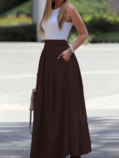 EMERY ROSE Jupe maxi plissée de couleur unie taille haute avec poches pour femmes, jupe maxi fluide marron, jupe maxi longue marron
