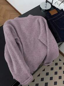 SHEIN Clasi 大码女士休闲度假时尚简约牛角扣设计紫色针织毛衣开衫适合秋冬穿着 - 紫色 - 查看 2