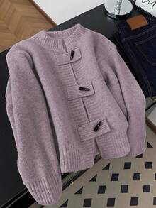 SHEIN Clasi 大码女士休闲度假时尚简约牛角扣设计紫色针织毛衣开衫适合秋冬穿着 - 紫色 - 查看 4