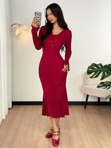 SHEIN 少女休闲简约舒适V领长袖束腰连衣裙 - 紅色 - 查看 7