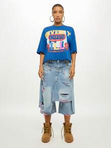SUMWON WOMEN Áo thun oversized in họa tiết Beverly Hills Los Angeles County phong cách đường phố cổ điển 90210, dáng rộng, thoải mái, thời trang mùa hè, dáng suông, tuyên bố thời trang - Màu xanh hải quân - Xem 5