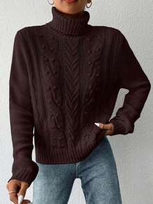 EURMUSE Women's Casual Solid Color Turtleneck Sweater, Autumn/Winter - Coffee Brown - View 4