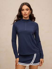Activina Women's Half-Zip Long Sleeve Athletic T-Shirt, Women Golf Outfit - Blue - View 3