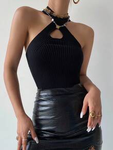DAZY 宽松短款披肩领厚纯色毛衣，女秋冬开衫，百搭镂空套头衫两件套 - 黑色 - 查看 7