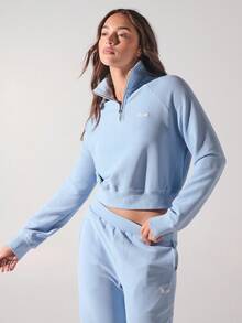 Menodora SHEIN Sport Women's Letter Embroidered Zip-Up Polo Collar Raglan Sleeve Casual Top - Dusty Blue - View 4