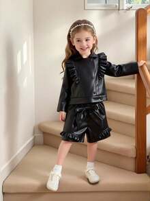 Young Girls Outerwear Co-Ords 2 Pieces Girls Black Faux Leather Jacket And Ruffle Shorts Set, Stylish Spring Summer Suit Girls Black Faux Leather Suit Set, Ruffle Lapel Jacket And Shorts For Party, School, Performance Black 2 Pieces Set Black Outfit Black Outfits For Leather Outfits Ruffle Outfit Black Outfits Black Pu Leather Outfit Girls Black Leather Outfit Set Young Girl Black Leather Shorts Set - Black - View 1
