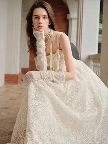 SHEIN Unity Váy ren hoa thanh lịch xếp ly ngực cho nữ, mùa hè - Kem - Xem 4