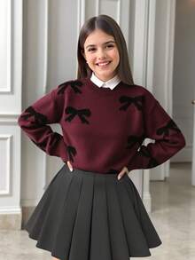 SHEIN Tween Girl Ballet Style Bow Knitted Sweater, Sweet And Cool Black Bow Design Round Neck Loose Pullover