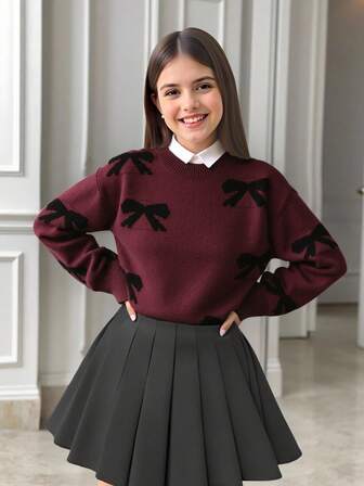 SHEIN Tween Girl Ballet Style Bow Knitted Sweater, Sweet And Cool Black Bow Design Round Neck Loose Pullover