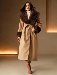 Anewsta Áo khoác dài dáng rộng thoải mái cho nữ, cổ lông giả, áo khoác ngoài mùa đông - Lạc đà - Xem 12