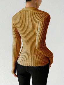 Chiquease 女士纯色长袖修身优雅针织毛衣 - 咖啡棕 - 查看 2