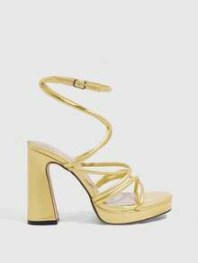 CUCCOO SZL Sandalias de plataforma con tacón grueso y punta cuadrada para mujer, sexy y elegante minimalista cómoda para vacaciones, sandalias de tacón alto de piel de imitación de lagarto PU negro, suela gruesa para playa, club, fiesta y vacaciones - Dorado - Ver 8