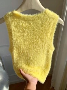 Comfortcana 2025新款极简主义秋冬女式休闲刺绣抓绒针织舒适柔软可爱复古黄色毛衣背心，秋季外出乡村风女装 - 黃色 - 查看 2