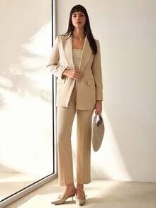 CLARA VERO Women Solid Color Button Front Detailed Jacket And Pants Suit Sets - Beige - View 1