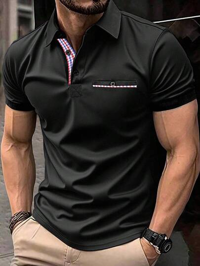 Manfinity Homme 男士格子撞色 Polo 衫，前后均有口袋，适合送给男朋友、男士和朋友