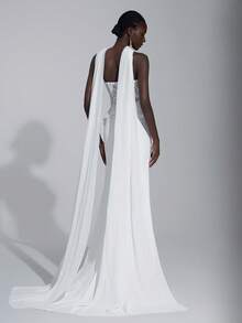 Elitara Váy đuôi cá dệt kim co giãn, thêu ren sang trọng thanh lịch có cổ yếm có thể tháo rời, thích hợp cho đám cưới, tiệc tùng, kỳ nghỉ, vũ hội, tuần trăng mật, váy cưới - Màu be - Xem 3