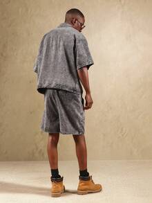 SUMWON Boxy Fit Vintage Washed Denim Two Piece Set Short Sleeve Button Down Shirt Knee Length Shorts Summer Festival Street Style Casual Matching Outfit - Black - View 2