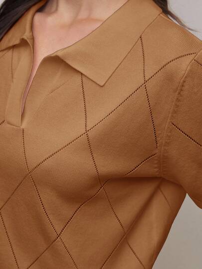 BizChic 2025冬季棕色Polo领菱形针织长袖毛衣，优雅百搭，适合派对、办公室、通勤、休闲、新年、度假、海滩、毕业典礼等场合，也适合婚礼宾客、主人、约会、聚会、音乐会、早餐、机场等更多场合。