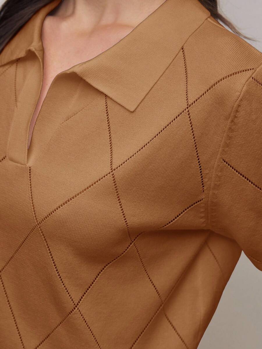 BizChic 棕色 Polo 领菱形针织长袖毛衣，百搭针织衫，优雅都市通勤日常穿着，浪漫 90 年代复古风，适合圣诞节、新年、情人节、派对、海滩、毕业典礼、时尚、休闲、正式等多种场合。 - 棕色 - 查看 1