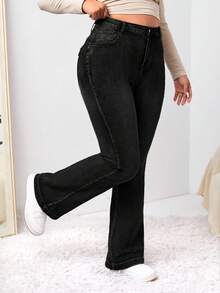 EURMUSE Plus Size Casual Washed Slim Flare Jeans - Black - View 1
