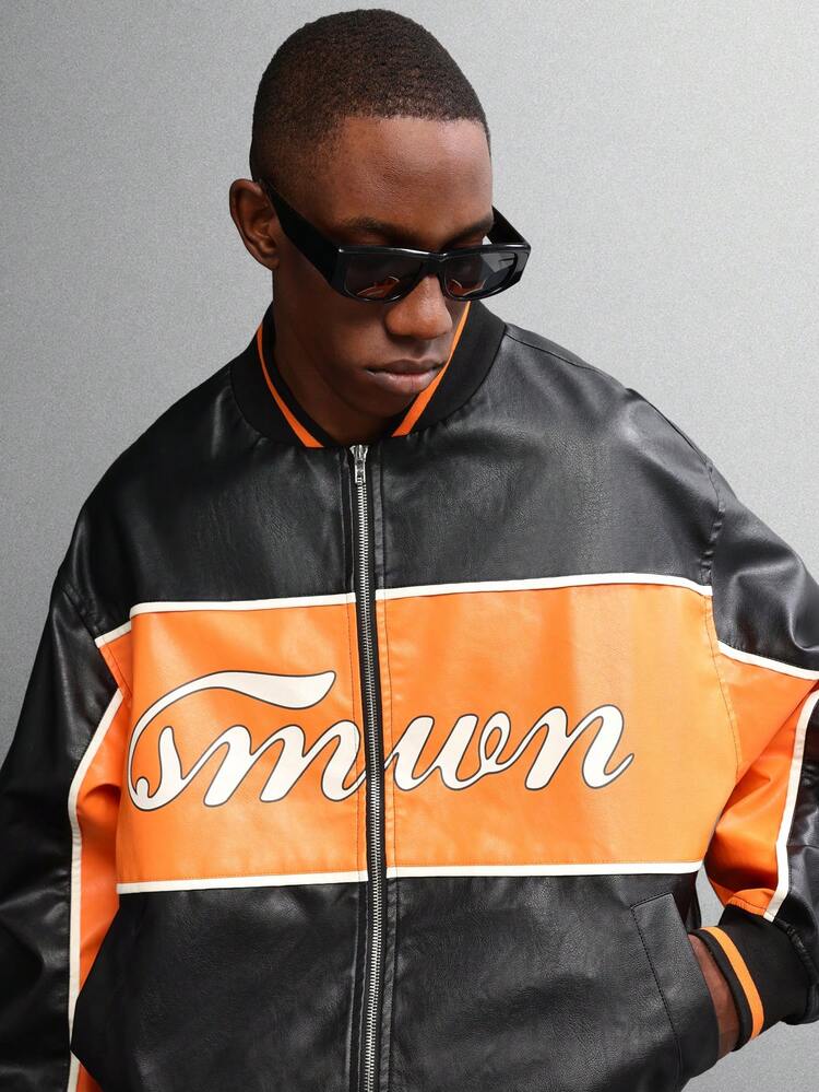 SUMWON Regular Retro Bomber Jacket Color Block Design Classic Varsity Style Orange Black Panel Ribbed Trim Casual Streetwear Winter Fall Fashion Statement