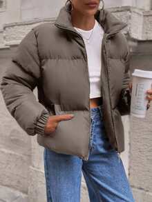 EURMUSE Short Padded Jacket In A Plain Design, Contrast Metal Colour Zipper - Mocha Brown - View 5